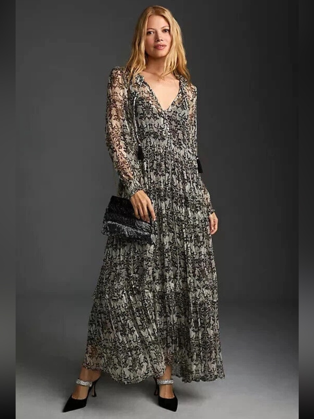 Anthropologie The Marais Printed Chiffon Tiered Maxi Dress- size XS